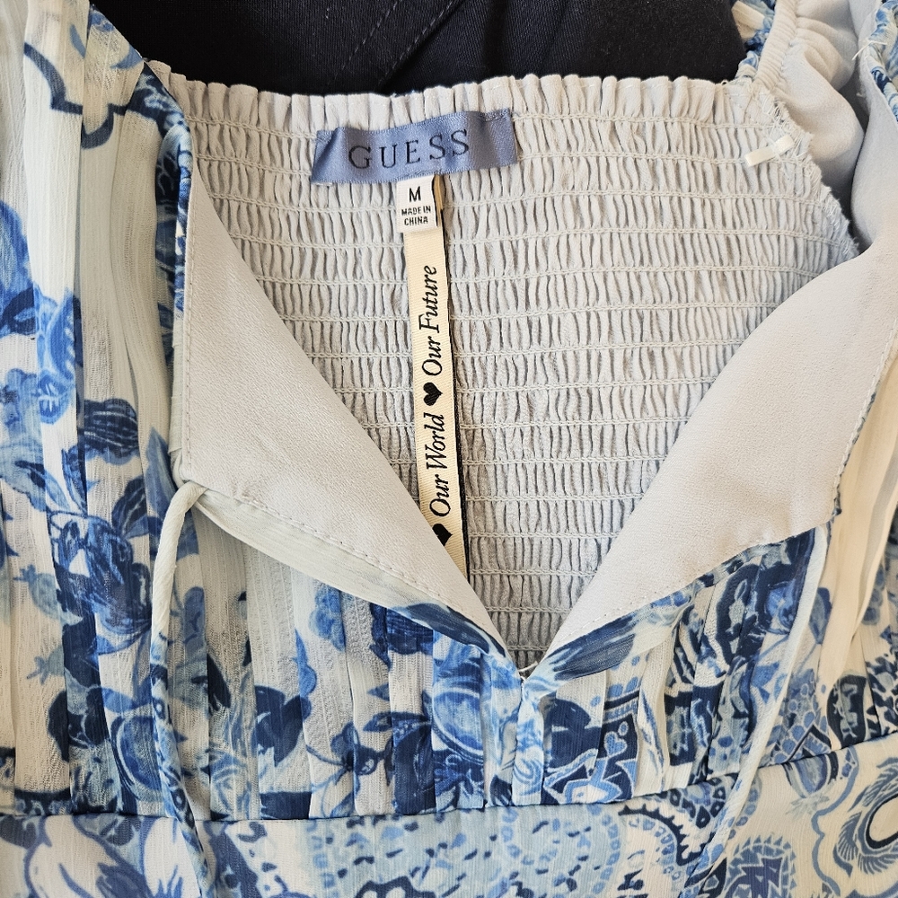 GUESS Blue Floral Dress Puff Sleeve  Size M - Picture 13 of 15